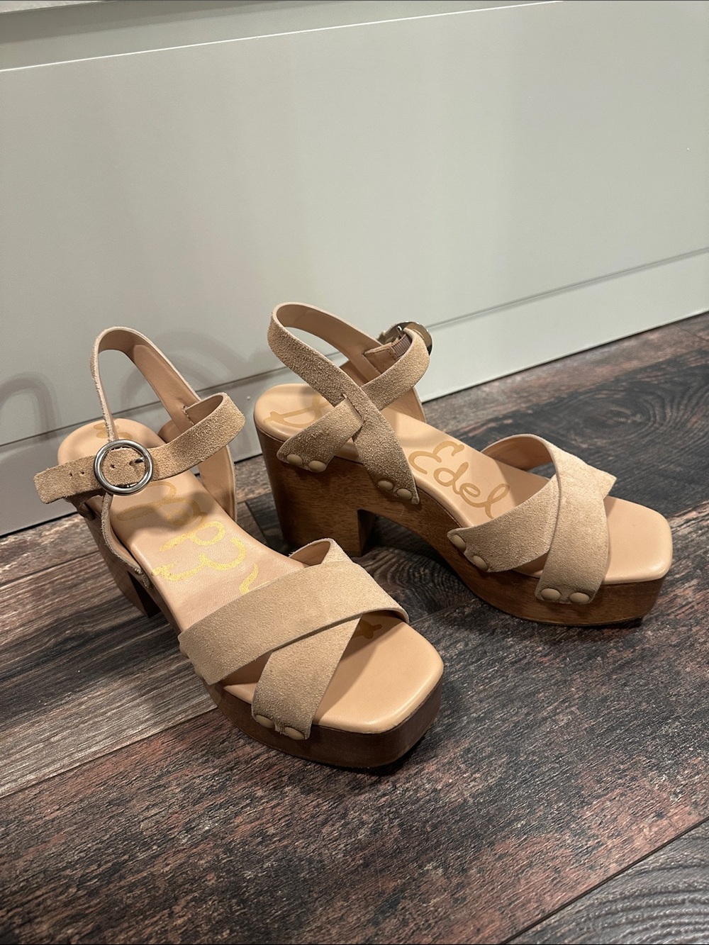 Sam Edelman Tan Suede Platform Sandals with Wood-Look Heel